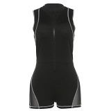 European And American Clothing 2023 Autumn And Winter New Round Neck Zipper Sleeveless Splicing See-Through Sexy Tight Hip Jumpsuit