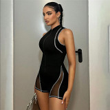 European And American Clothing 2023 Autumn And Winter New Round Neck Zipper Sleeveless Splicing See-Through Sexy Tight Hip Jumpsuit