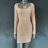2023 Hot Women'S Sequined Hot Diamond Sexy Semi-Sheer Long-Sleeved Short Dress