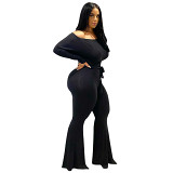 Amazon Aliexpress New European And American Women'S Clothing Sexy Slim Off-The-Shoulder Solid Color Jumpsuit With Belt