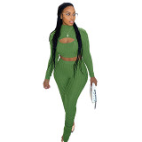 European And American Style 2024 Spring New Women'S Fashion Half-High Neck Long Sleeve Cut-Out T-Shirt Slim Small Leg Pants Suit Women