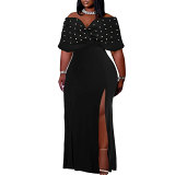 European And American Sexy Pearl Sleeveless One-Shoulder Slit Plus-Size Dress
