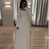 2023 Autumn New Foreign Trade Independent Station Long Sleeve Waist Square Neck Midi Dress Long