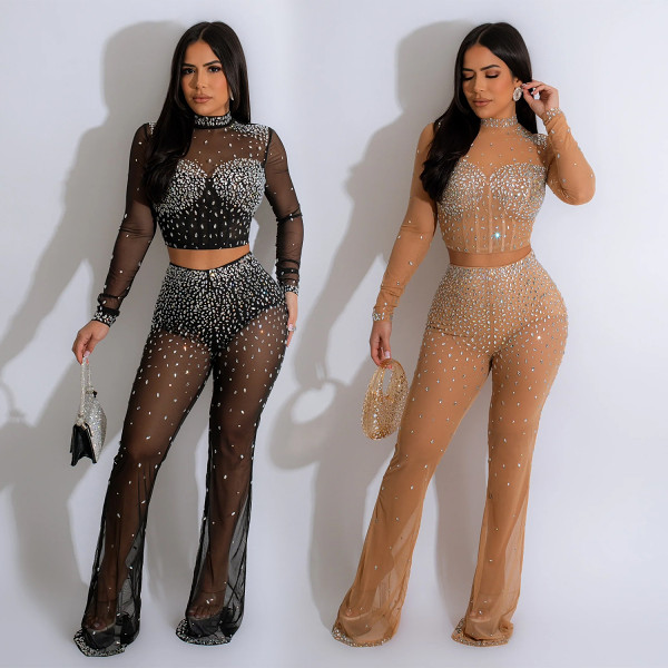 European And American Fashion Women'S Solid Color Mesh Hot Diamond Long-Sleeved Trousers Two-Piece Set