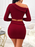 Winter European And American Fashion Slanted Shoulder Knitted Tops, Short Skirt Sets, Amazon New Hot Selling Solid Color Waist Long Sleeve Suits