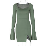 European And American Style 2023 Winter New Women'S Clothing Solid Color Flared Long Sleeve Slit Short Skirt Sexy Hip Wrapping Dress