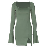 European And American Style 2023 Winter New Women'S Clothing Solid Color Flared Long Sleeve Slit Short Skirt Sexy Hip Wrapping Dress