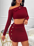 Winter European And American Fashion Slanted Shoulder Knitted Tops, Short Skirt Sets, Amazon New Hot Selling Solid Color Waist Long Sleeve Suits