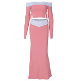 European And American Women'S Clothing 2024 Spring New Straight Neck, Off-The-Shoulder, Long-Sleeved, Contrasting Stitched Skirt Fashion Suit