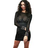 European And American Style 2024 Spring New Women'S Fashion Rhinestone Sexy See-Through Mesh Patchwork Dress Women