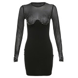 European And American Style 2024 Spring New Women'S Fashion Rhinestone Sexy See-Through Mesh Patchwork Dress Women