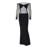 Women'S Hot New Sheer Mesh Long Sleeve Straight Neck Stitched Wrap Mid-Style Sexy Dress