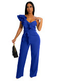 European And American New Fashion Ruffle One-Shoulder, Sleeveless Waist Deep V Loose Solid Color Jumpsuit