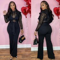 European And American Sexy Sheer Lace Stitching Stretch Hip Wide-Leg Jumpsuit