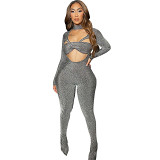 European And American Women'S Clothing 2023 Autumn And Winter New Crossover Wrap Chest Long Sleeve Pants Tight Sexy Jumpsuit Women