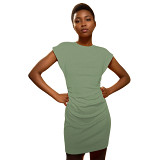 European And American Women'S Spring And Summer New Round Neck Pleated Cotton Fabric High Quality Sexy Dress