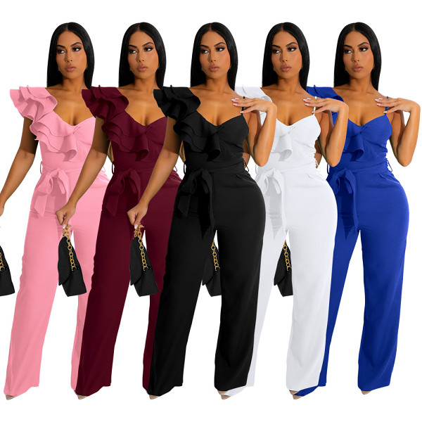 European And American New Fashion Ruffle One-Shoulder, Sleeveless Waist Deep V Loose Solid Color Jumpsuit