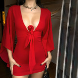 European And American Women'S Winter New Long-Sleeved Stitching Low-Waisted Pullover Solid Color Hip Dress Short Skirt