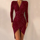 Sexy V-Neck Solid Color Foil Stamping Glitter Pleated Irregular Hem Dress Dress Dress
