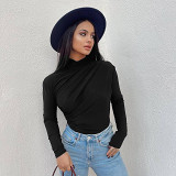 European And American Cross-Border Women'S Winter New Solid Color Casual Round Neck Pleated Slim Long-Sleeved T-Shirt Top