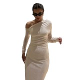 Bright Silk Slanted Neck Long-Sleeved Dress Fashionable Hot Sale Sexy Temperament Tight Long