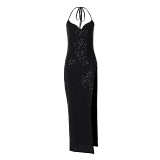 European And American Ins Style New Fashion Sequined Sexy V-Neck Halterneck Royal Sister Style Slit Long Dress