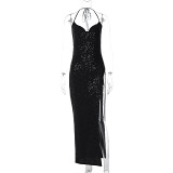 European And American Ins Style New Fashion Sequined Sexy V-Neck Halterneck Royal Sister Style Slit Long Dress