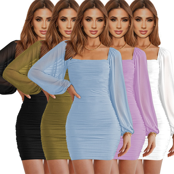 European And American Women'S Spring And Summer New Products Square Neck Bell Sleeve Mesh Pleated Sexy Dress