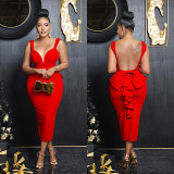 European And American Fashion Women'S Solid Color V-Neck Sexy Backless Long Skirt Dress Women