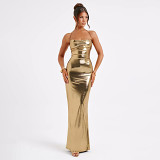 European And American Ins New Dresses Sexy Temperament, Swing Neckline, Backless Tie Stitching, Slim Hip Long Skirt Women