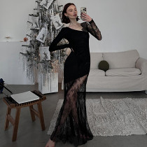 European And American Foreign Trade Women'S Clothing Niche Design Dark Sexy Lace Stitching Slim Asymmetrical Long-Sleeved Dress