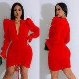 European And American Fashion Women'S Solid Color Long-Sleeved Pleated V-Neck Dress