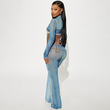 European And American Style Women'S Autumn And Winter New Imitation Denim Body Print Long-Sleeved High-Neck Flared Jumpsuits