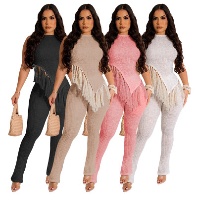 European And American Women'S 24 Spring And Summer Irregular Knitted Tassel Vest Trousers Two-Piece Set