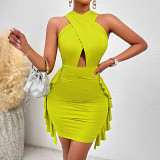 Summer European And American Hot Sale Sexy Style Women'S Clothing Solid Color Halterneck Cut-Out Hip Dress Women'S