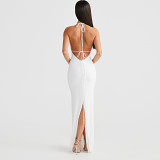 European And American Ins Style Fashion New Solid Color Sexy Backless Cut-Out Halterneck Waist Long Slit Dress Women