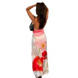 Summer European And American Holiday Style Print Temperament Long Skirt Big Flowers Contrast Suspender Backless A-Line Dress Beach Skirt