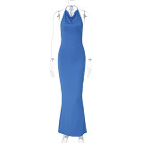 European And American Ins Style Fashion New Solid Color Sexy Backless Cut-Out Halterneck Waist Long Slit Dress Women