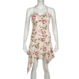 European And American Resort Style Halterneck Backless Waist Irregular Skirt 2024 Summer Vintage Print Dress Women