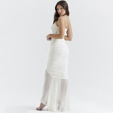 European And American Women'S Mesh One-Shoulder Sexy Bandeau Dress White Elegant Hip Wrap Mermaidtail Long Skirt White Dress