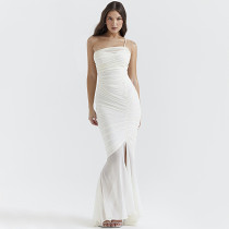 European And American Women'S Mesh One-Shoulder Sexy Bandeau Dress White Elegant Hip Wrap Mermaidtail Long Skirt White Dress