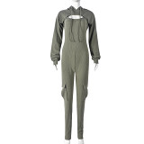 Fall/Winter New Solid Color Long Sleeve Hooded Sexy Suspenders Slim Fit Jumpsuit Duo