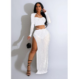 European And American Fashion Women'S Solid Color Mesh Hot Diamond Long-Sleeved Long Skirt Two-Piece Set
