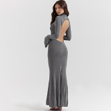 Fashion Women'S Flared Long Sleeve Sexy Sheer Backless Dress Winter Women'S Design Sense Mermaid Dress Long Skirt