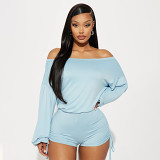 European And American Fashion Women'S Casual Boat Neckline, Off-The-Shoulder Long Sleeves, Smocked Drawstring Waist Jumpsuit