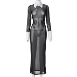 European And American Women'S Spring New Round Neck Long Sleeve Stitching See-Through Solid Color Contrast Stitching Long Dress