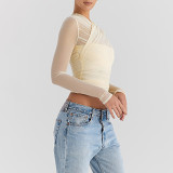Europe And The United States 2024 Hot Sale New Sexy Fashion Babes Mesh Stitching Zipper See-Through Long Sleeve Cropped Top