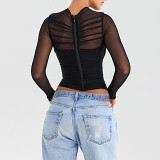 Europe And The United States 2024 Hot Sale New Sexy Fashion Babes Mesh Stitching Zipper See-Through Long Sleeve Cropped Top
