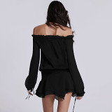 European And American Women'S Spring New Mesh Shoulder Cut-Out Lace Long Sleeve Rope Pointed Hem Dress