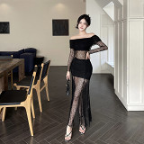 Straight Shoulder Mesh Sexy Cut-Out Long Sleeve Dress European And American Style Cross-Border New Hot Girl Long Skirt Women
